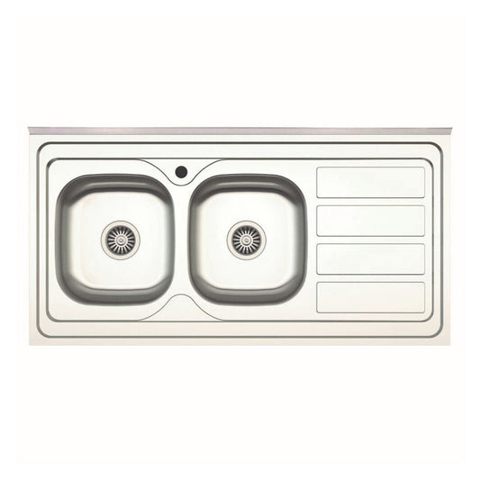 lavello da appoggio sa46 due vasche con gocciolatoio destro 120x60cm. inox, lavello in acciaio inox a due vasche, vista frontale