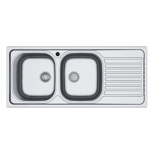 lavello 116x50 sa138 2 vasche e gocciolatoio destro, lavello in acciaio inox a due vasche, vista frontale