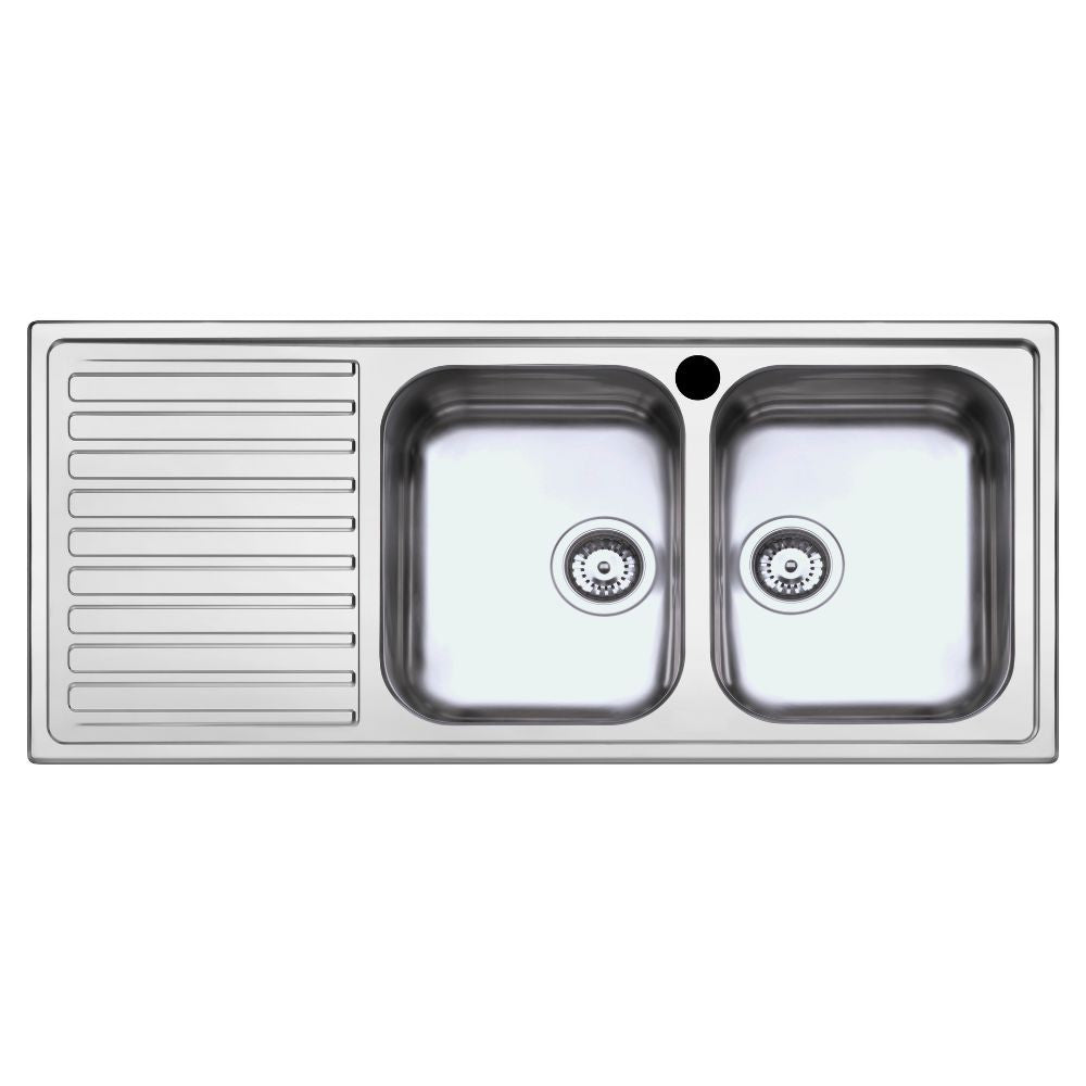 lavello saxt333a 116x50 cm 2 vasche gocciolatoio sinistro, lavello in acciaio inox a due vasche, vista frontale