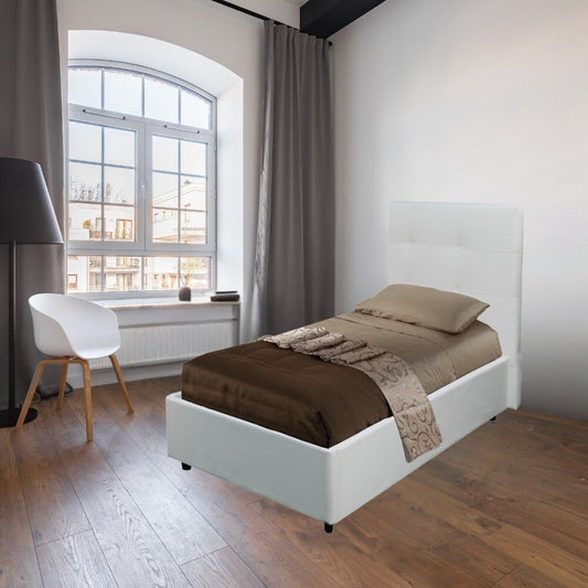 letto singolo ascoli contenitore in ecopelle bianco, letto singolo imbottito con testiera soffice e rivestimento in tessuto