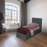 letto singolo ascoli contenitore in tessuto ash grigio, letto singolo imbottito con testiera soffice e rivestimento in tessuto
