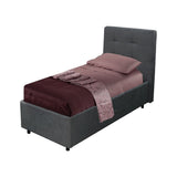 letto singolo ascoli contenitore in tessuto ash grigio, dettaglio delle cuciture e del tessuto soft-touch o effetto lino