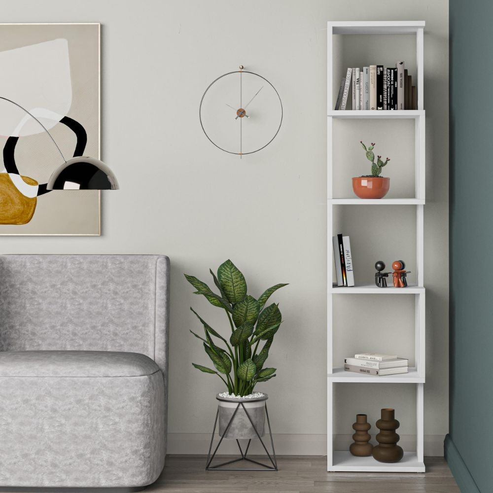 libreria a cubo piri colore bianco h 161x30x35 cm., vista ambientata in soggiorno o studio con libreria a giorno