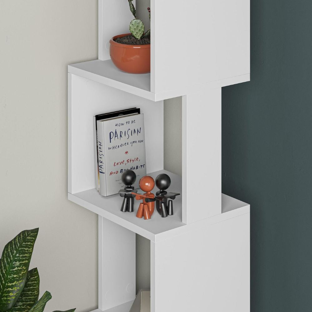 libreria a cubo piri colore bianco h 161x30x35 cm., dettaglio della struttura in legno o metallo, robusta e funzionale