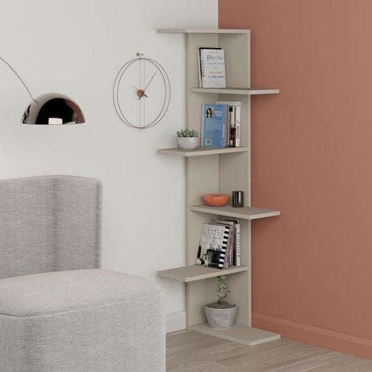 libreria angolare saso 5 ripiani colore cashmere, libreria moderna con ripiani regolabili per libri e oggetti decorativi