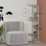 libreria angolare saso 5 ripiani colore cashmere, vista ambientata in soggiorno o studio con libreria a giorno