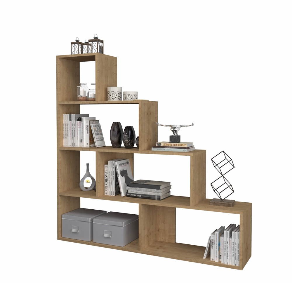 libreria a scala alis 145x145 cm. rovere, vista ambientata in soggiorno o studio con libreria a giorno