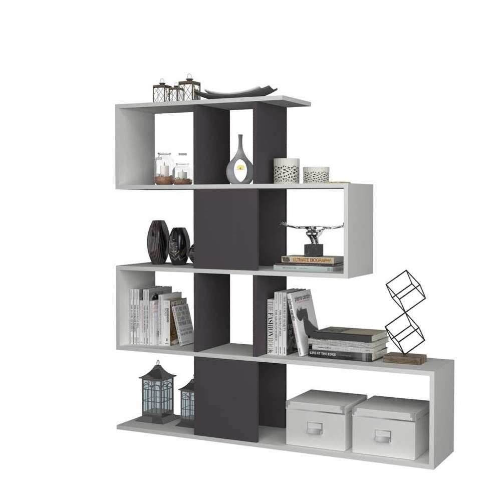 libreria bifacciale aktif 145x145x29 cm. bianco ghisa, dettaglio della struttura in legno o metallo, robusta e funzionale