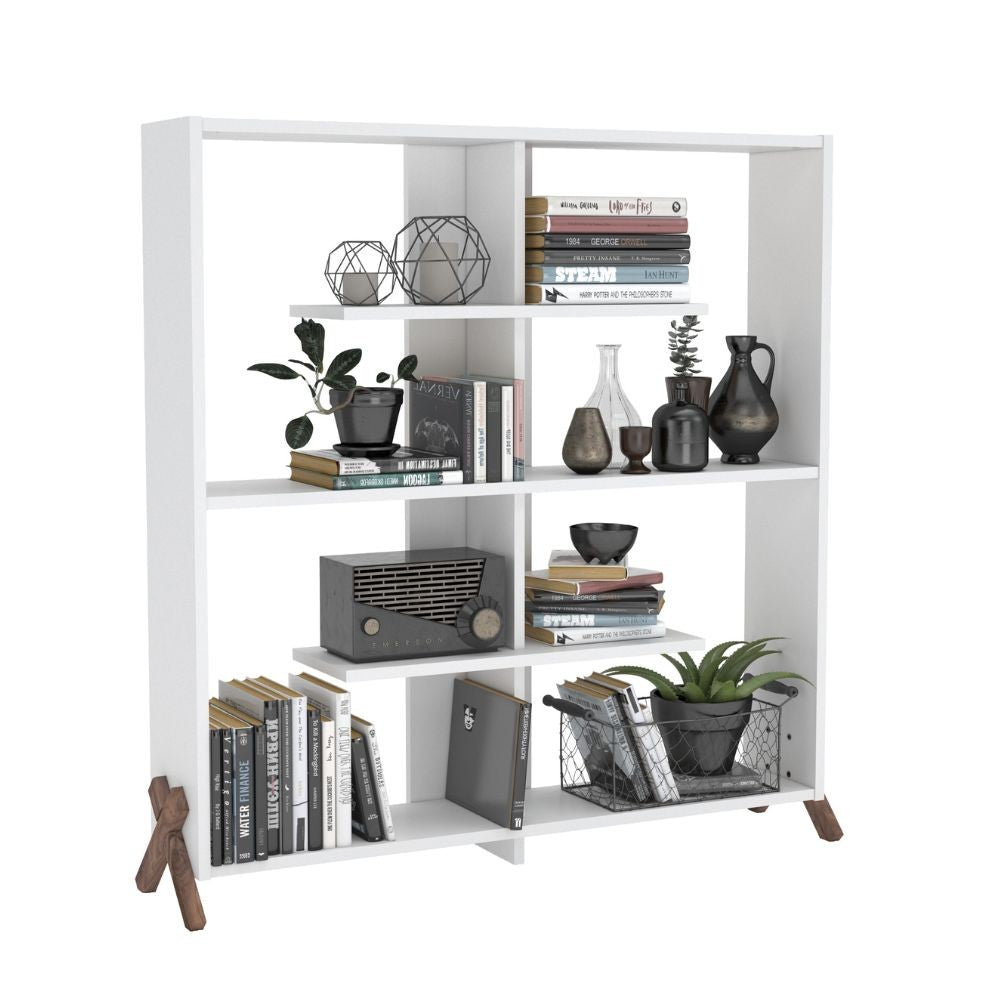 libreria kipp bianca, dettaglio della struttura in legno o metallo, robusta e funzionale