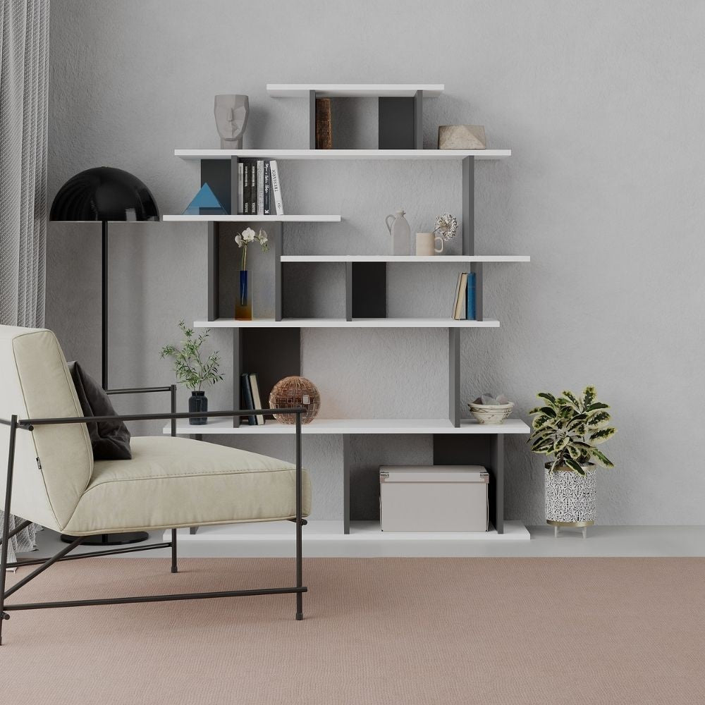 libreria design apollon bianco antracite, dettaglio della struttura in legno o metallo, robusta e funzionale