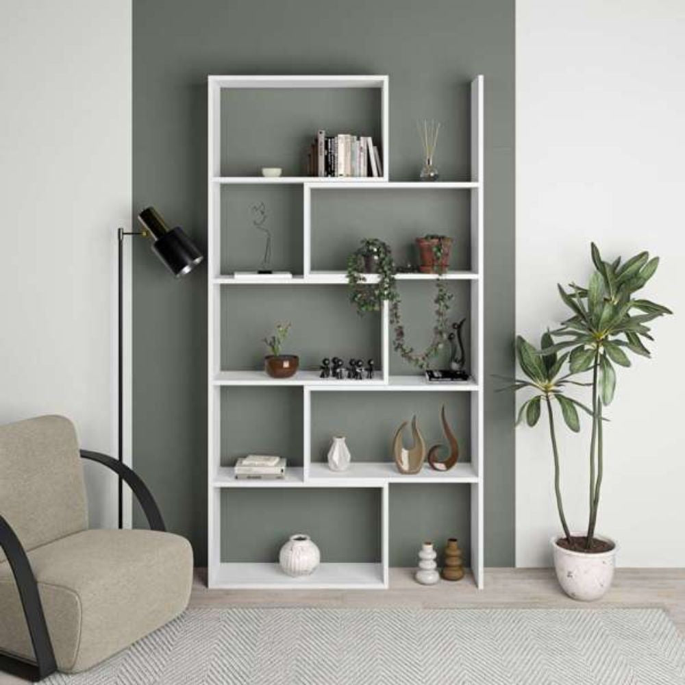 libreria wish estensibile angolare bianca 200h, ideale per organizzare libri, piante e accessori d'arredo