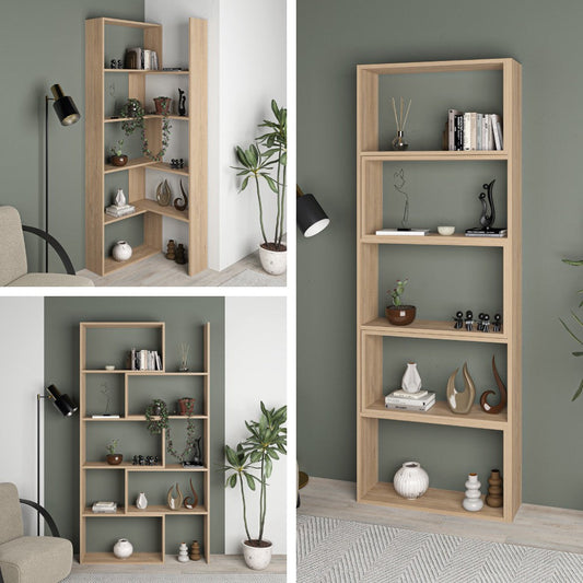 libreria wish estensibile angolare rovere 200h, libreria moderna con ripiani regolabili per libri e oggetti decorativi