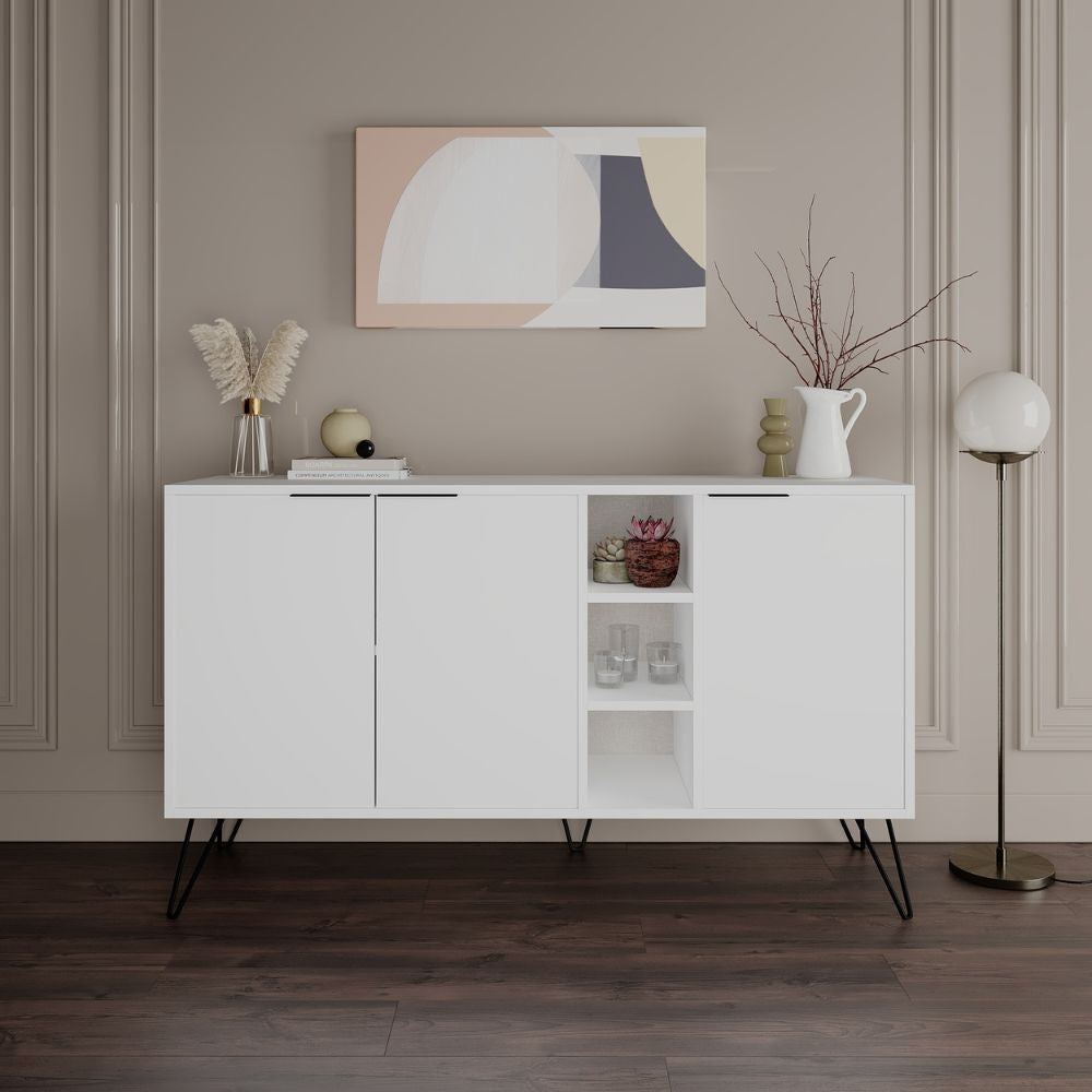 madia clara bianco 3 ante 142x35,6x83h, credenza in legno con ante battenti e spazio interno capiente