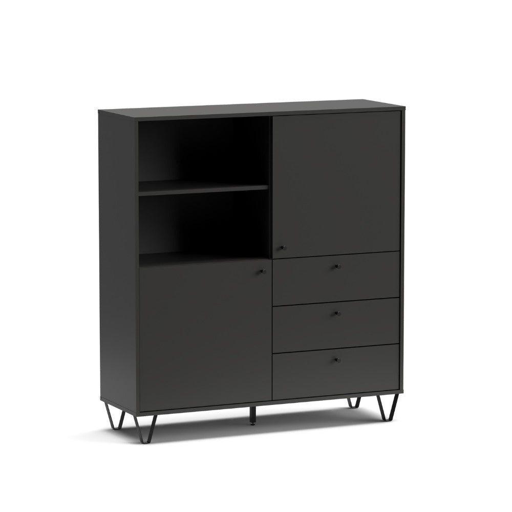 credenza aldo 6 con 2 ante e 3 cassetti colore antracite, dettaglio delle maniglie e finitura del materiale
