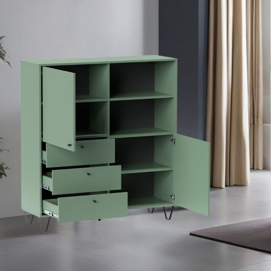 credenza aldo 6 con 2 ante e 3 cassetti colore verde, credenza in legno con ante battenti e spazio interno capiente