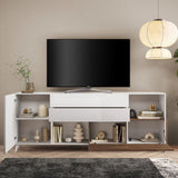 madia marion 240 cm. colore bianco ludico e mercure, vista ambientata in soggiorno, sala da pranzo o ingresso