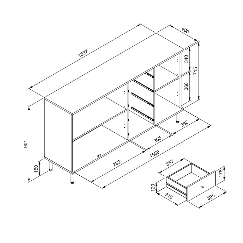 madia monza 51c 3 ante 4 cassetti in nero con listelli rovere effetto cannettato, ambientazione d’arredo con il prodotto protagonista