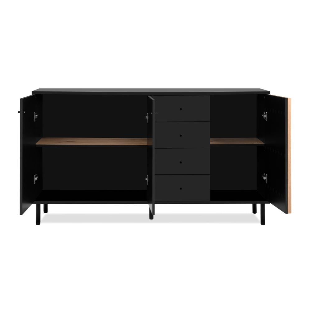 madia monza 51c 3 ante 4 cassetti in nero con listelli rovere effetto cannettato, dettaglio delle maniglie e finitura del materiale