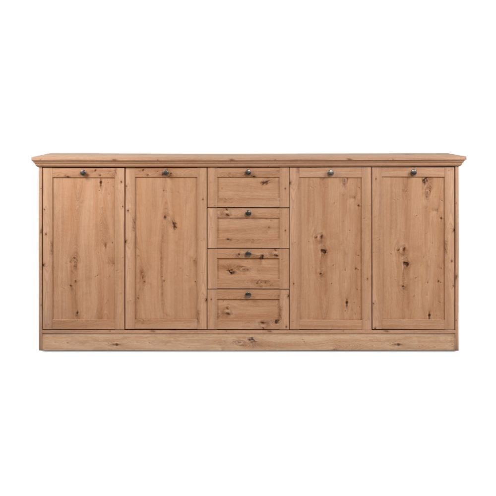 credenza timber 51a con 4 ante e 4 cassetti colore rovere anticato, dettaglio delle maniglie e finitura del materiale