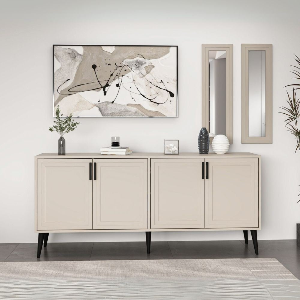 madia prime 4 ante colore cashmere con maniglie e piedi neri e 2 specchi, credenza in legno con ante battenti e spazio interno capiente