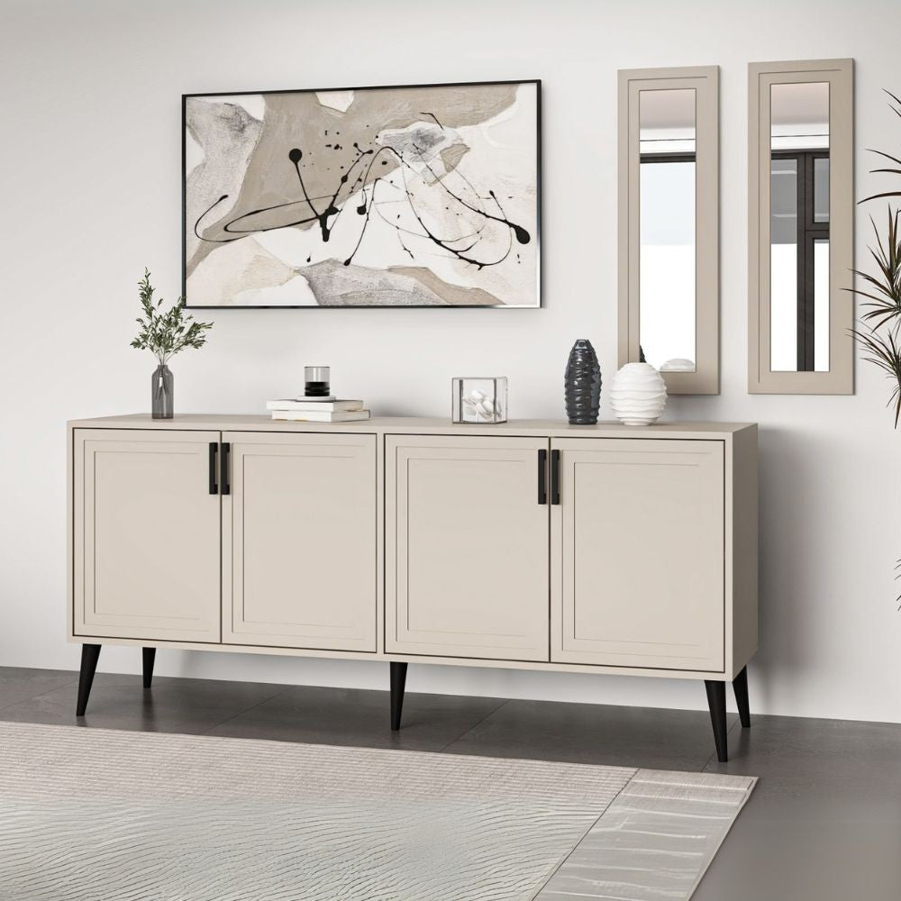 madia prime 4 ante colore cashmere con maniglie e piedi neri e 2 specchi, dettaglio delle maniglie e finitura del materiale