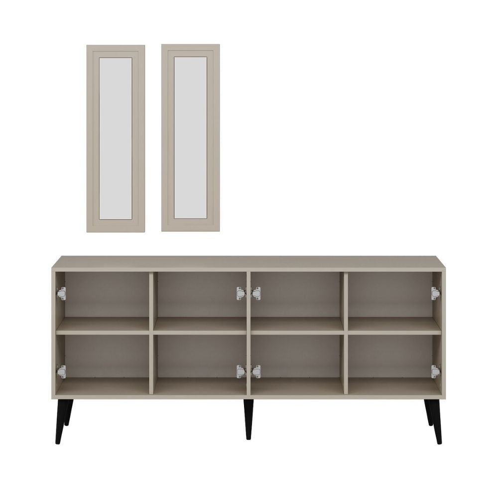 madia prime 4 ante colore cashmere con maniglie e piedi neri e 2 specchi, design lineare per uno stile contemporaneo ed elegante