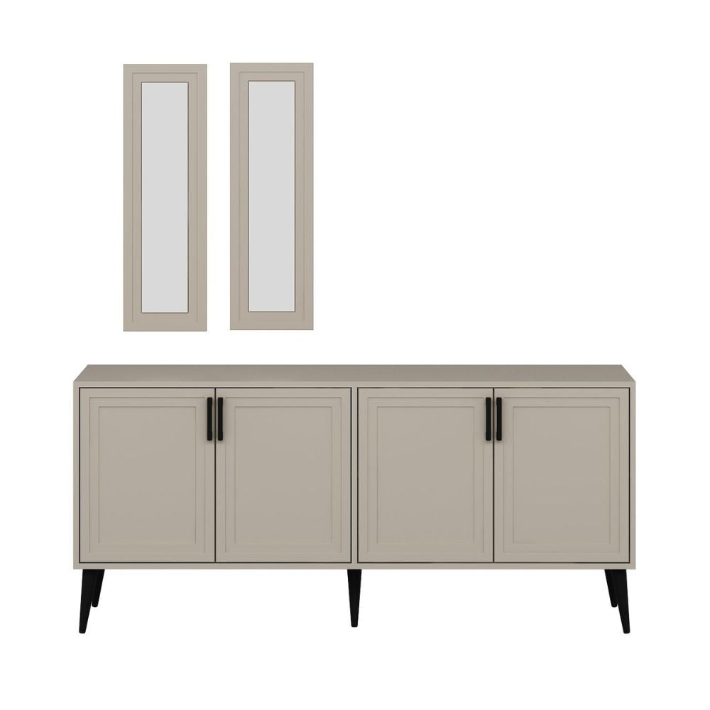 madia prime 4 ante colore cashmere con maniglie e piedi neri e 2 specchi, mobile contenitore versatile con cassetti o ripiani interni