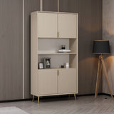 credenza alta kale con 4 ante effetto cannettato e 2 nicchie a giorno colore cashmere, dettaglio delle maniglie e finitura del materiale