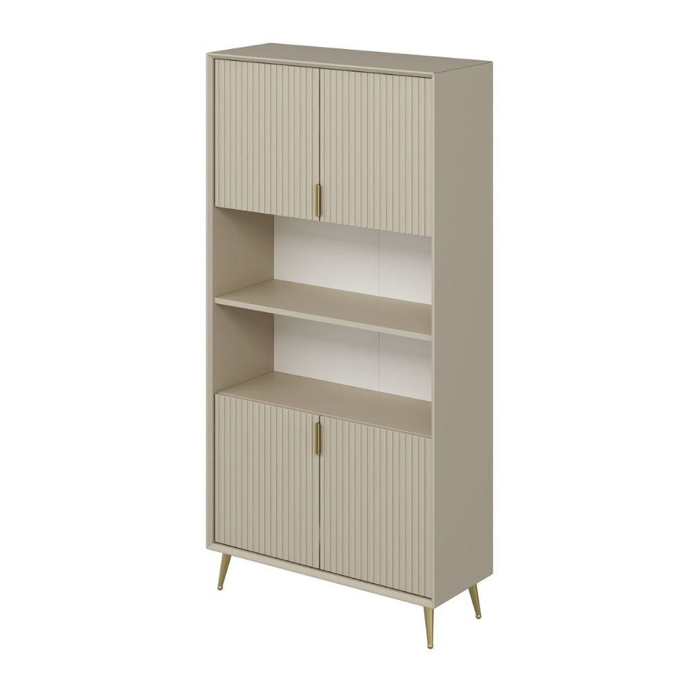 credenza alta kale con 4 ante effetto cannettato e 2 nicchie a giorno colore cashmere, perfetta per arredare con funzionalità ambienti living e cucina