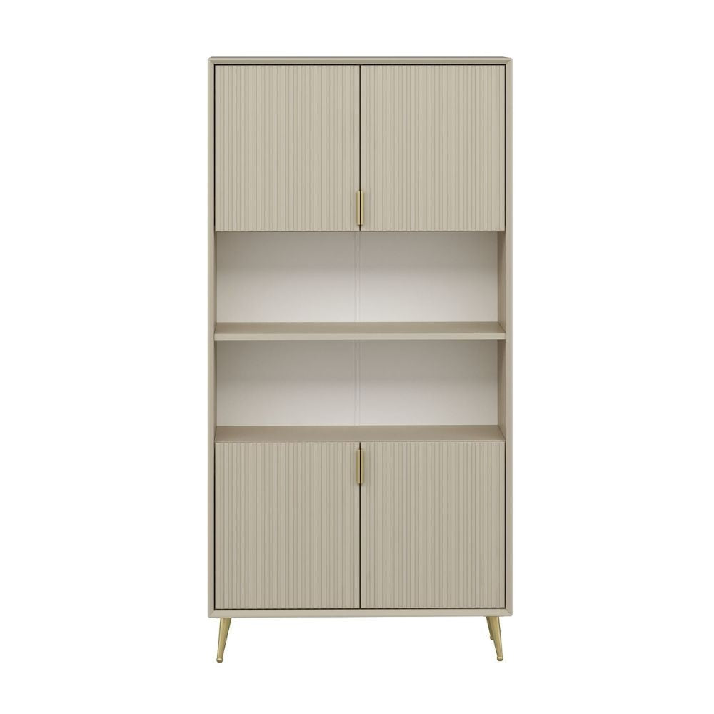 credenza alta kale con 4 ante effetto cannettato e 2 nicchie a giorno colore cashmere, mobile contenitore versatile con cassetti o ripiani interni