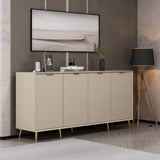 madia kale con 4 ante a filo effetto cannettato colore cashmere con maniglie e piedini oro, vista ambientata in soggiorno, sala da pranzo o ingresso