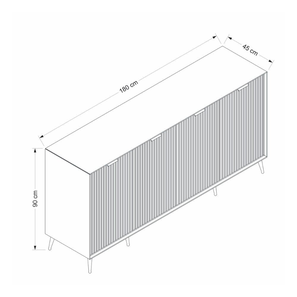 madia kale con 4 ante a filo effetto cannettato colore cashmere con maniglie e piedini oro, credenza ideale per aggiungere stile e ordine alla casa