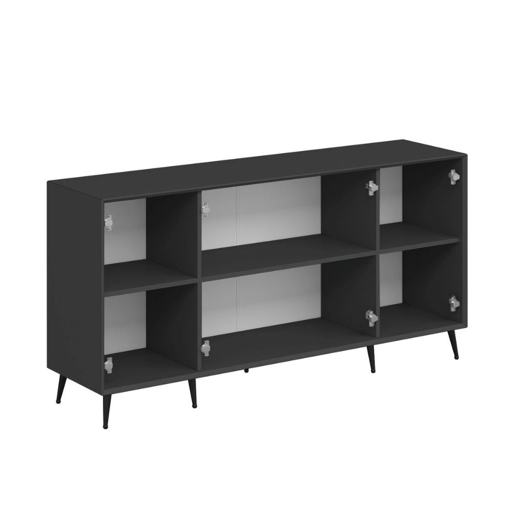 madia kale 4 ante a filo effetto cannettato nero con maniglie e piedini neri, madia moderna per contenere stoviglie, tovaglie e oggetti decorativi