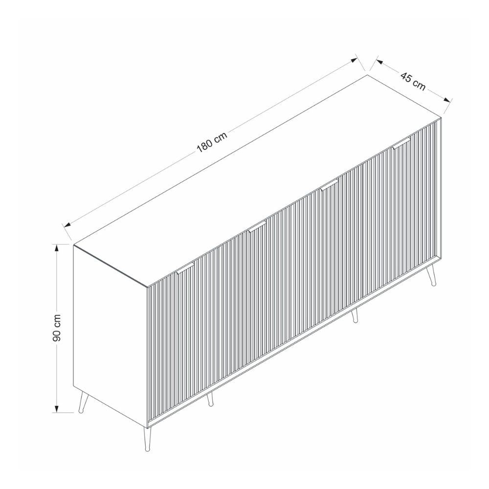 madia kale 4 ante a filo effetto cannettato nero con maniglie e piedini neri, design lineare per uno stile contemporaneo ed elegante
