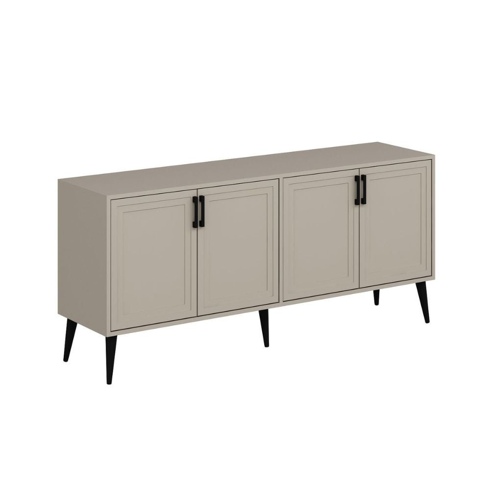 madia prime con 4 ante colore cashmere con maniglie e piedini neri, perfetta per arredare con funzionalità ambienti living e cucina