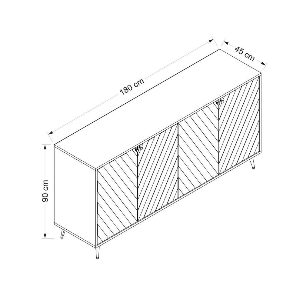 madia jana con 4 ante in cashmere con intagli maniglie e piedini oro, mobile contenitore versatile con cassetti o ripiani interni