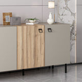 madia mila con 3 ante cashmere e 1 anta rovere con maniglie e piedini neri, madia moderna per contenere stoviglie, tovaglie e oggetti decorativi