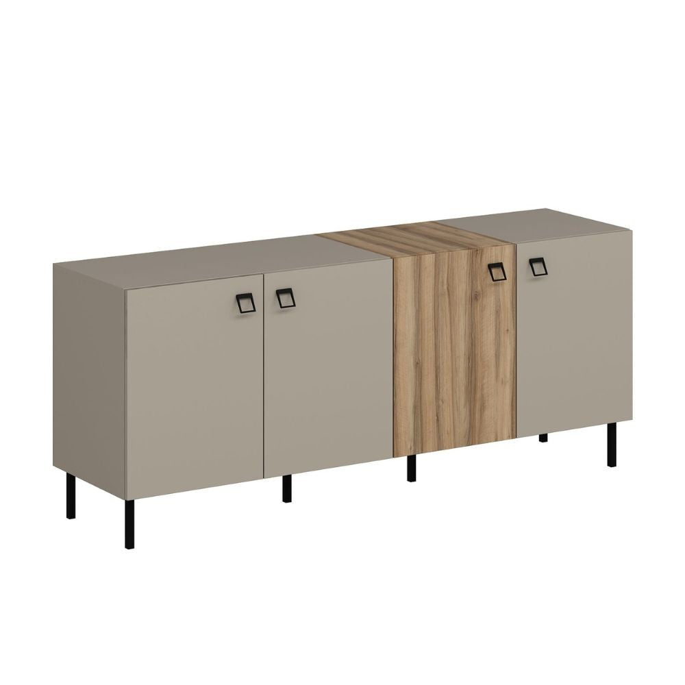 madia mila con 3 ante cashmere e 1 anta rovere con maniglie e piedini neri, perfetta per arredare con funzionalità ambienti living e cucina