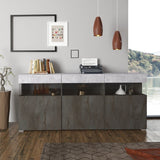 madia itaca con 3 ante e 3 vani a giorno con inserti in vetro colore ossido e cemento, credenza in legno con ante battenti e spazio interno capiente