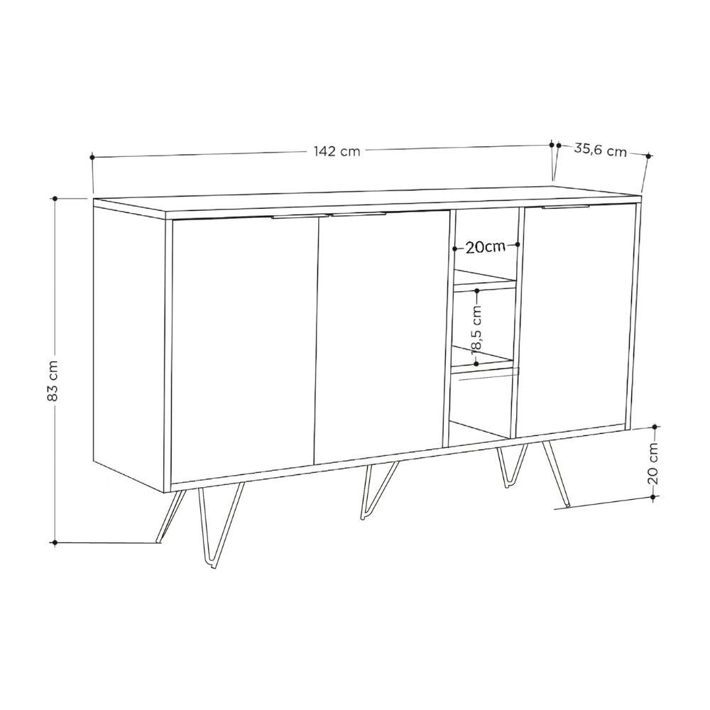 madia clara 3 ante cashmere e nicchie a giorno 142x35,6x83h, madia moderna per contenere stoviglie, tovaglie e oggetti decorativi