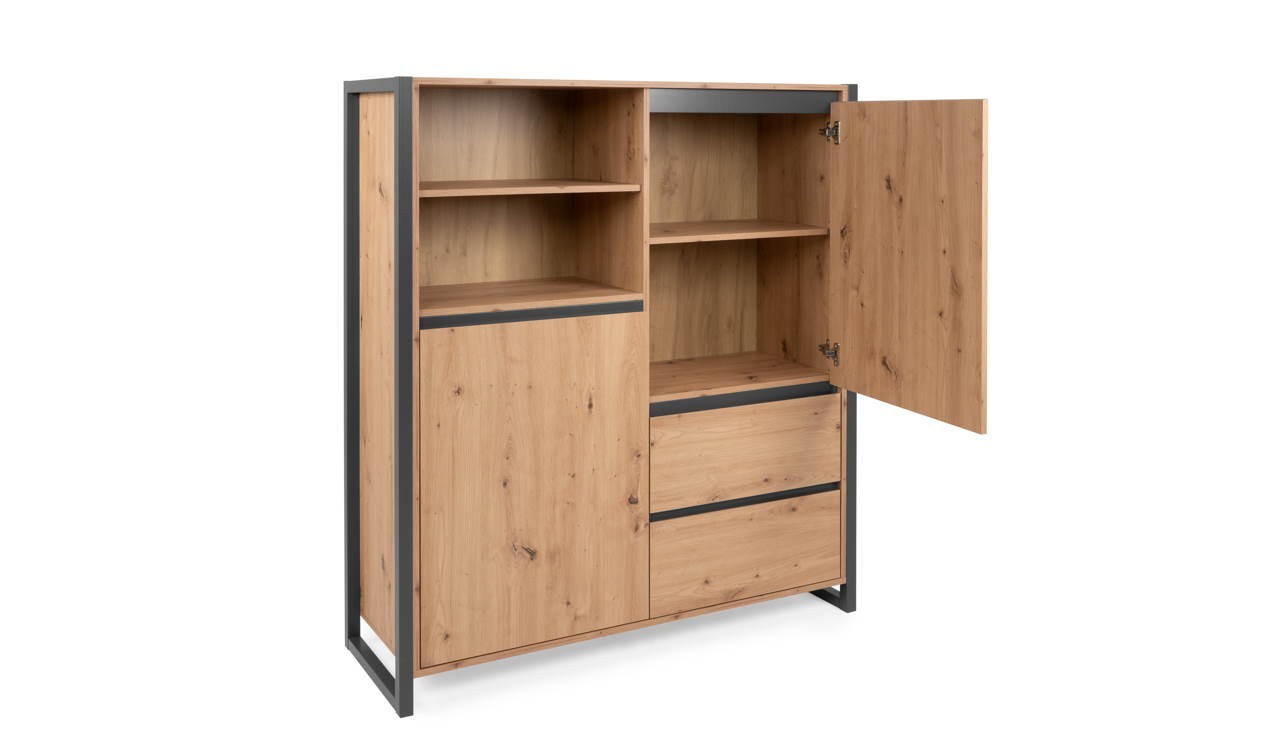 credenza alta denver 51 l120xp40xh140 quercia antracite, dettaglio delle maniglie e finitura del materiale