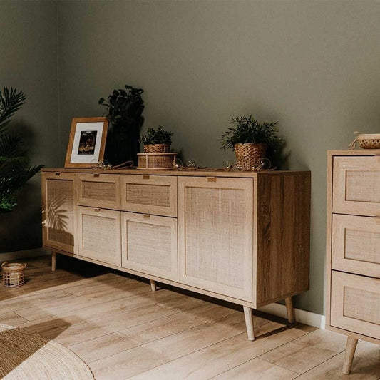 madia bali 51b 4 ante e due cassetti effetto vimini, credenza in legno con ante battenti e spazio interno capiente
