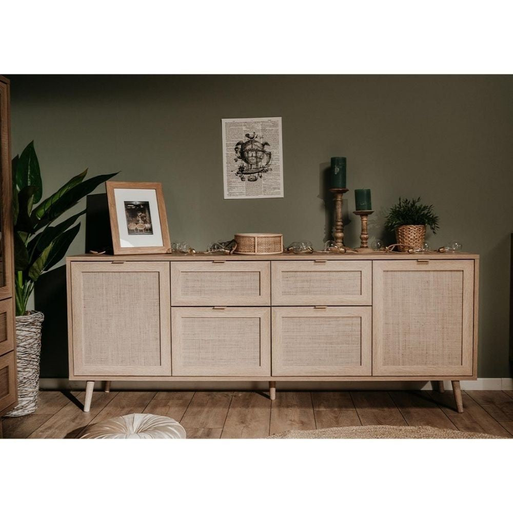 madia bali 51b 4 ante e due cassetti effetto vimini, vista ambientata in soggiorno, sala da pranzo o ingresso