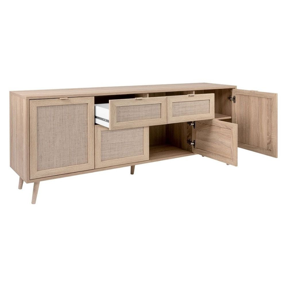 madia bali 51b 4 ante e due cassetti effetto vimini, dettaglio delle maniglie e finitura del materiale