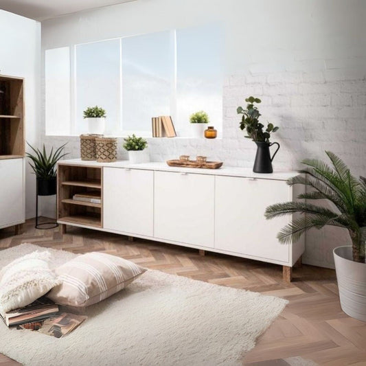 madia menorca 57a 3 ante bianco rovere 200x35x64,5, credenza in legno con ante battenti e spazio interno capiente