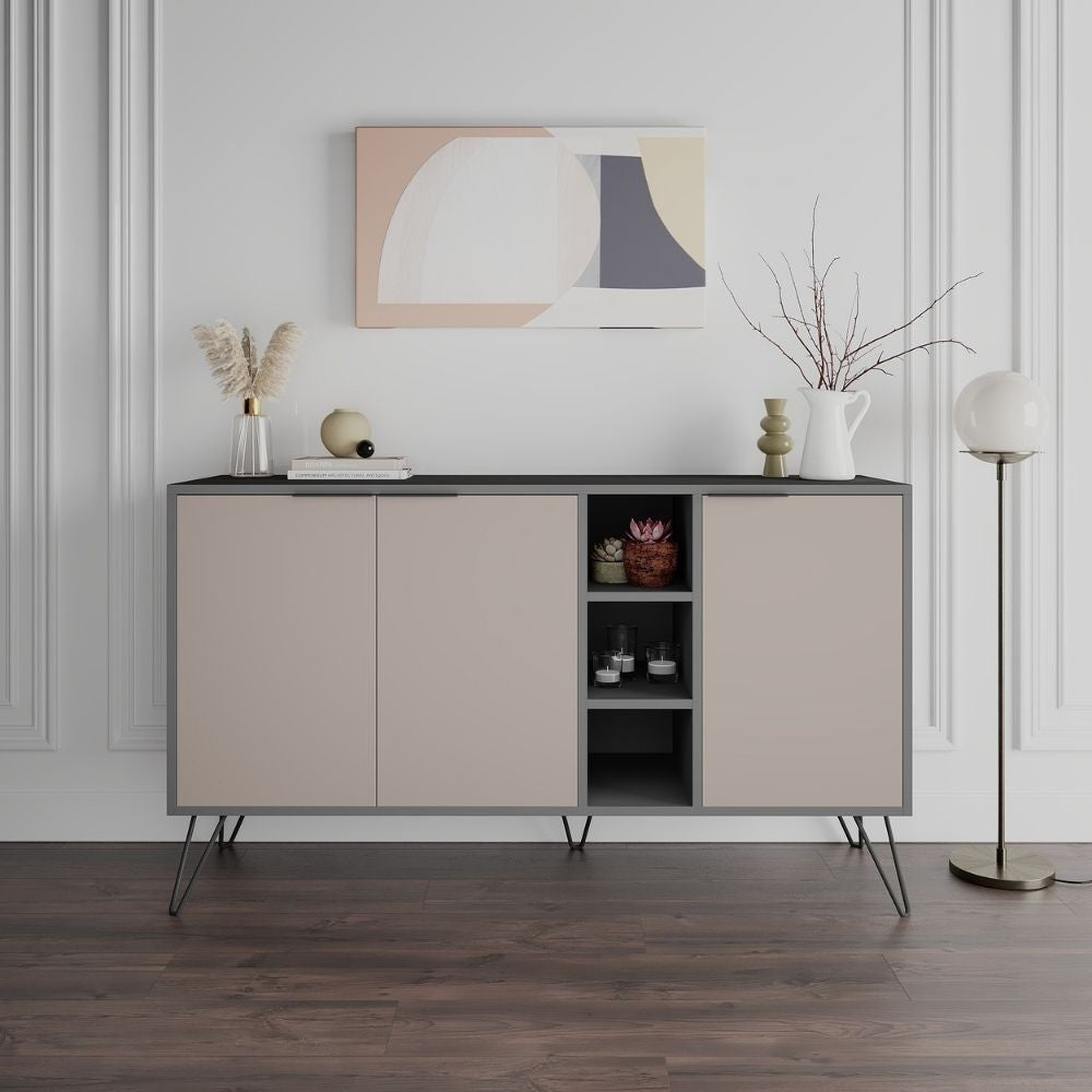 madia clara antracite 3 ante tortora 142x35,6x83h, credenza in legno con ante battenti e spazio interno capiente