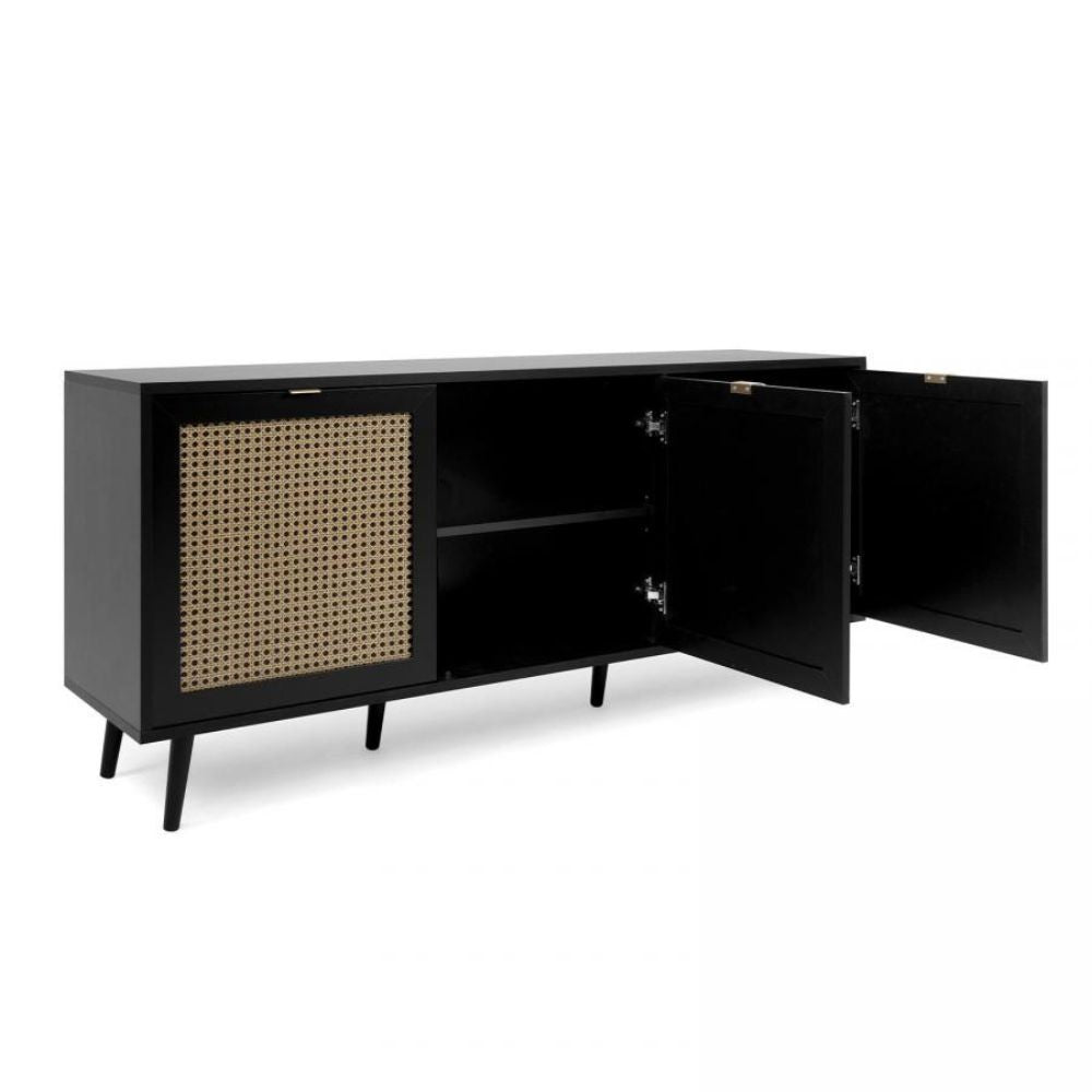 madia vienna51a 3 ante nera con frontali effetto vimini, madia moderna per contenere stoviglie, tovaglie e oggetti decorativi