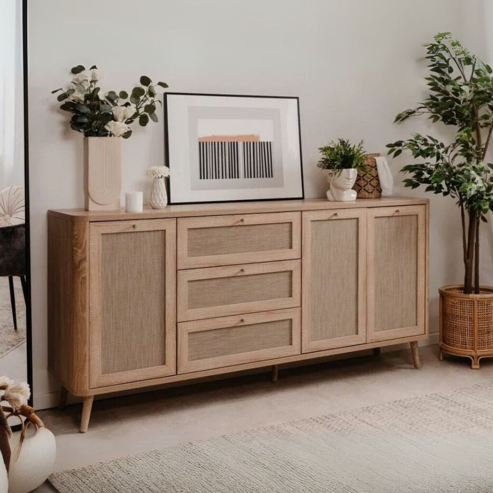 madia kuta51a rovere sonoma 3 cassetti e 3 ante effetto rafia, credenza in legno con ante battenti e spazio interno capiente