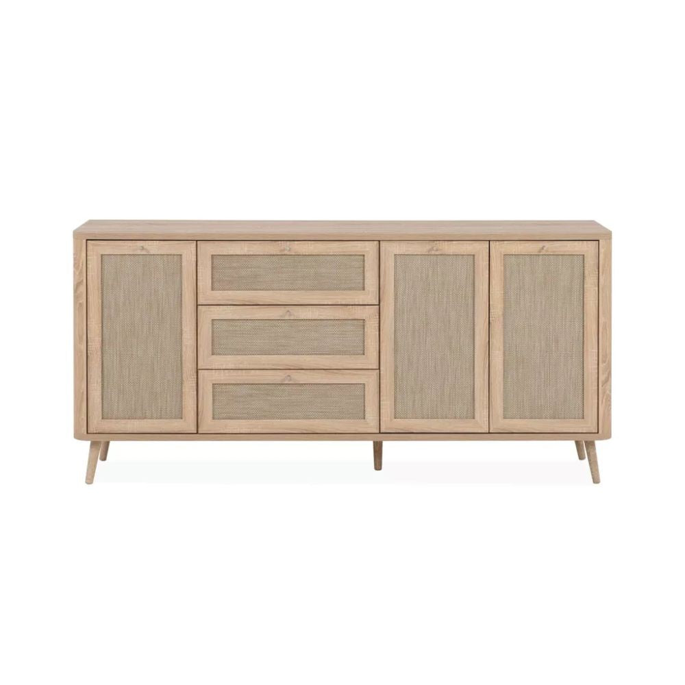 madia kuta51a rovere sonoma 3 cassetti e 3 ante effetto rafia, madia moderna per contenere stoviglie, tovaglie e oggetti decorativi