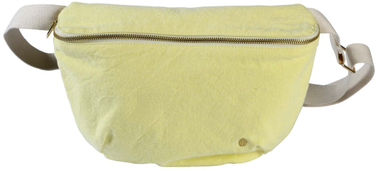 marsupio iona luce del sole, colore luce del sole, taglia 19 x 28. vista frontale del marsupio in tessuto naturale su fondo neutro